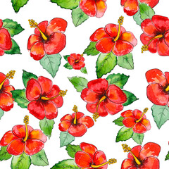 Watercolor seamless tropical pattern of exotic hibiscus flowers, tropical leaves