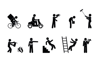 stick figure man working, icon of representatives of various professions, isolated pictograms of people busy with work