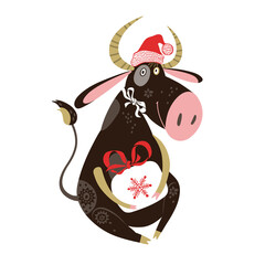 Cute bull in a Santa hat. Vector cartoon illustration, isolated element for design on a white background. Animal symbol of 2021.