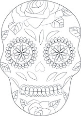 Mexican skull line art. Day of the dead vector illustration.