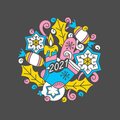 2021, New year doodles composition. Hand-drawn round illustration