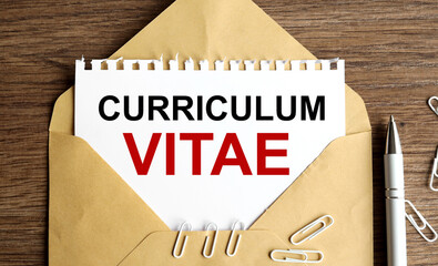 curriculum vitae, text on white paper on craft envelope