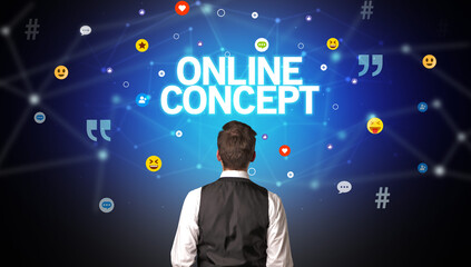 Rear view of a businessman with ONLINE CONCEPT inscription, social networking concept