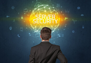 Rear view of a businessman with SERVER SECURITY inscription, online security concept