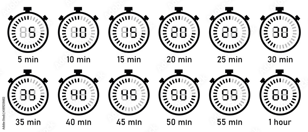 Poster countdown timer with digital display. clock, stopwatch, digital timers vector icon set. full rotatio