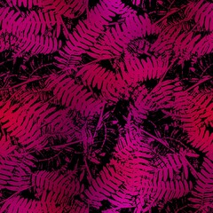 Seamless Miami night tropical pattern black foliage on sunset blur. High quality illustration. Swim, sports, or resort wear repeat print. Dark foreground on blurred background. Dark vibrant colors.