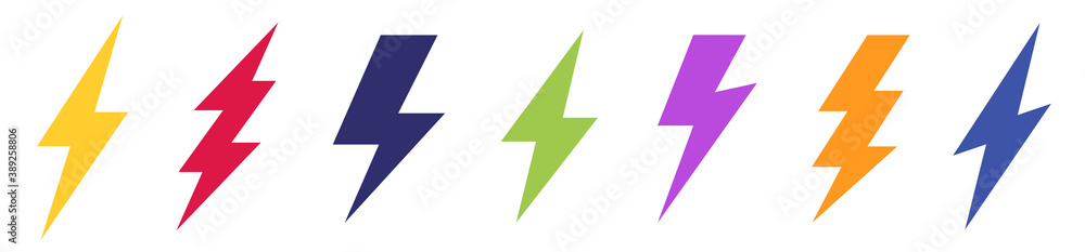 Poster set of different lightning bolt vector icon. energy and thunder symbol. lightning strike collection 