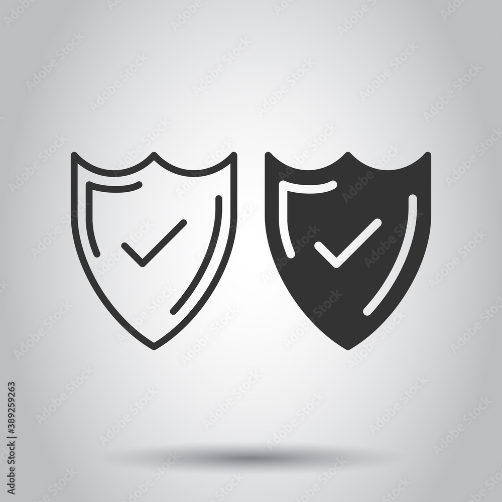 Poster shield with check mark icon in flat style. protect vector illustration on white isolated background.