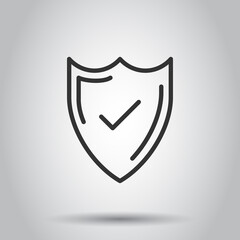 Shield with check mark icon in flat style. Protect vector illustration on white isolated background. Checkmark guard business concept.