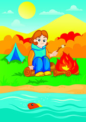 Obraz na płótnie Canvas girl roasts marshmallows on the river bank. autumn travel. fish peeks out of river, in the background of a broken tent 