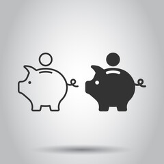 Money box icon in flat style. Pig container vector illustration on white isolated background. Piggy bank business concept.