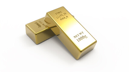 3D rendering gold bars on white background.