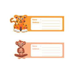 Cute animal label design tiger and monkey character design isolated on white background