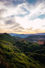 Fototapeta premium Colorfull and cloudy sunset at Las Médulas (UNESCO -World Heritage Site) - El Bierzo, Spain