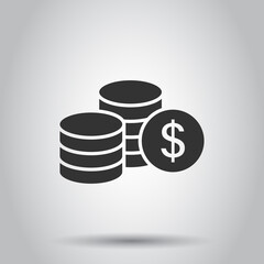 Coins stack icon in flat style. Dollar coin vector illustration on white isolated background. Money stacked business concept.