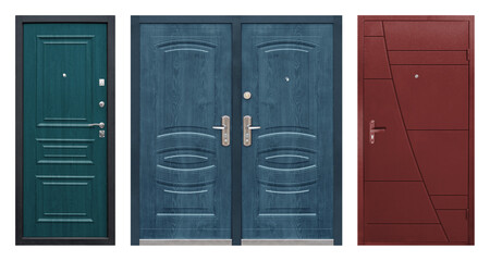 Set of models of entrance metal doors isolated on white background