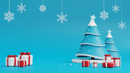 3d rendering of christmas tree and gift box on blue background.