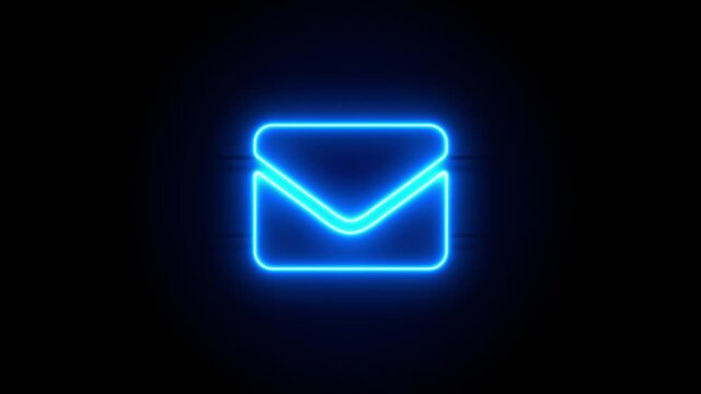 Envelope neon sign appear in center and disappear after some time. Animated blue neon symbol on black background. Looped animation.