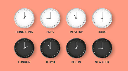 Set of black and white clock for time zones . Modern black, white and silhouette set of day and night clock for different cities. World Time Zones. Vector Illustration