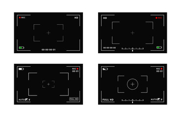 Set of VCR digital display interface camera viewfinder screens. Focusing screen in the center of the camera during recording. battery status, video quality, image stabilization icons