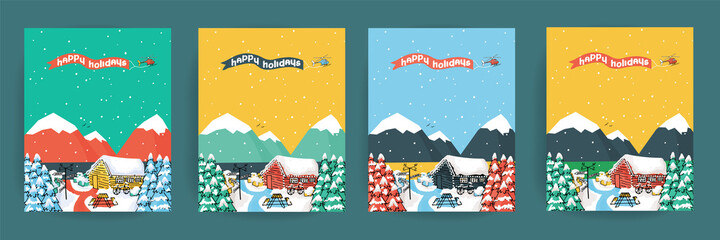 Set of Happy winter holidays cards with wooden scandinavian house with light inside, christmas trees, bike, snow and helicopter, blue, yellow, pink, green colors