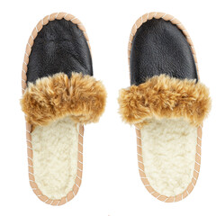 Warm indoor slippers on a white background. Clear warm domestic sandal.