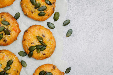 Healthy homemade cookies with pumpkin seeds. Top view.