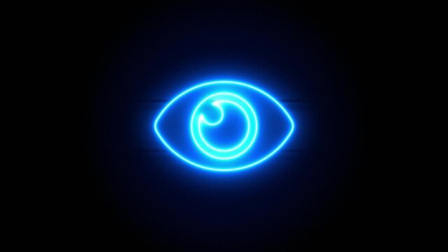 Eye neon sign appear in center and disappear after some time. Animated blue neon symbol on black background. Looped animation.
