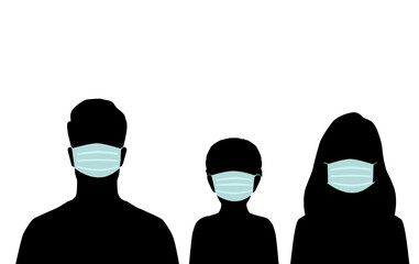 Vector silhouettes of man, woman and child head full-face avatar in medical mask,  family, protection from coronavirus, black color isolated on white background