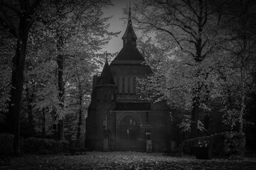 cemetery chapel at Night, chapel, trees, Sepia Photo, Black and White, spooky Chapel on a Cemetry...