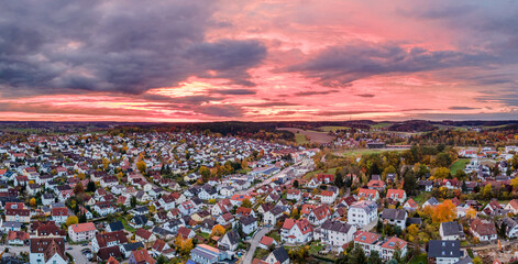 Top View during sunset phase with red light sky during golden hour in Pfaffenhofen