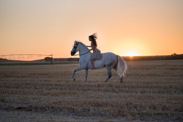 Attractive young Caucasian female with a beautiful dress riding a horse in countryside at sunset