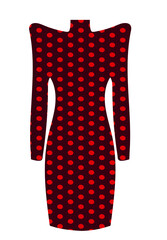 Fashionable stylish dress for women. High shoulders with long sleeves. Red polka dots print on a dark red background. Template for design and modeling of clothes.

