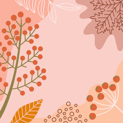 Set of abstract background with autumn elements, shapes and plants in one line style. Background for posters, banners, cards. Vector illustration