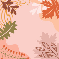 Fototapeta na wymiar Set of abstract background with autumn elements, shapes and plants in one line style. Background for posters, banners, cards. Vector illustration