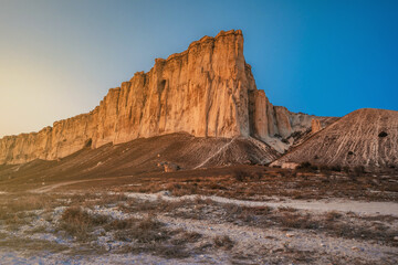 Fototapeta na wymiar Panoramic view of the famous White rock in Crimea in sunset, beautiful landscape for postcards