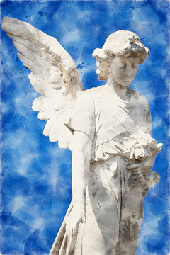 sculpture of angel with blue background in watercolors
