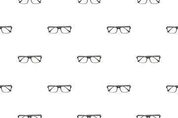 Background with glasses. Glasses with black frames. Glasses view from the top.