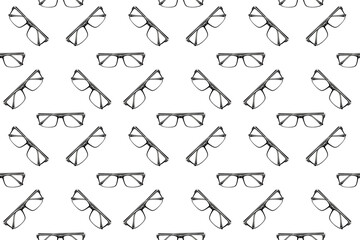 Background with glasses. Glasses with black frames. Glasses view from the top.