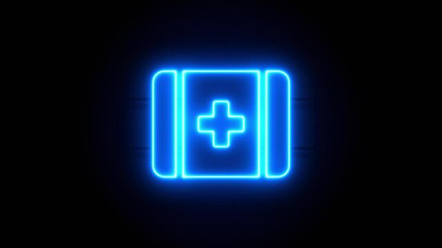 First Aid neon sign appear in center and disappear after some time. Animated blue neon symbol on black background. Looped animation.
