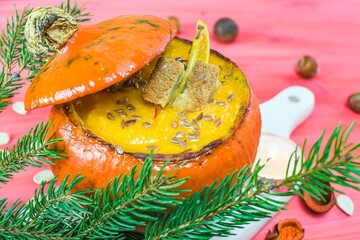 Pumpkin cream soup in pumpkin , healthy food, diet