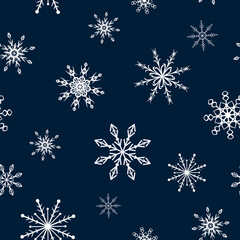 Fototapeta na wymiar Snowflakes. Seamless pattern. Snow, snowfall, falling scattered white snowflakes. Background design for fabric, wallpaper, cover, paper for packaging. Vector