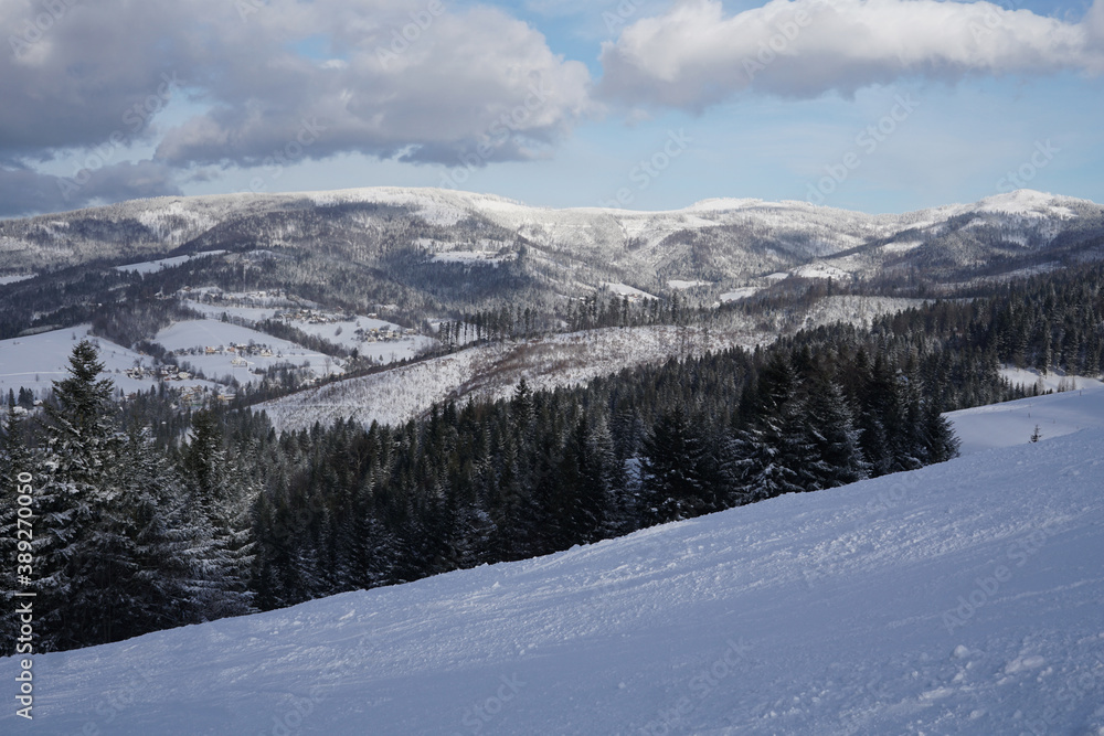 Wall mural wonderful winter landscape. magnificent highlands on a sunny day. winter mountain forest. snowy moun