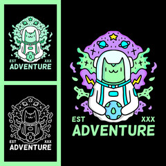 Cute cat wearing astronaut helmet and holding planet earth doodle illustration for poster, sticker, or apparel merchandise.With vaporwave/synthwave style, aesthetics of 80s.