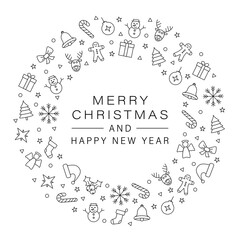 christmas vector banner line icon element on white background. celebration greeting card. black element ornament with santa, reindeer, gift, snowflake, angel, sock, snowman.