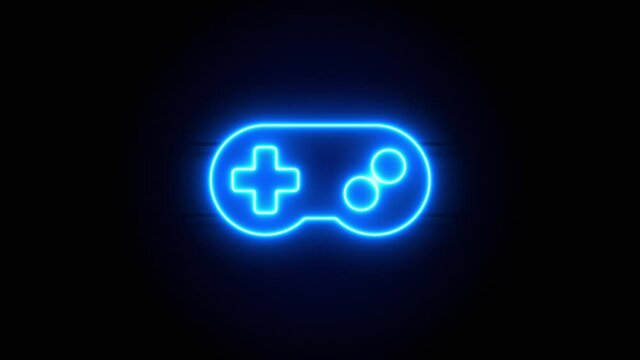 Gamepad neon sign appear in center and disappear after some time. Animated blue neon symbol on black background. Looped animation.