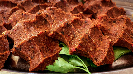 Raw. Turkish cigkofte. Traditional food.