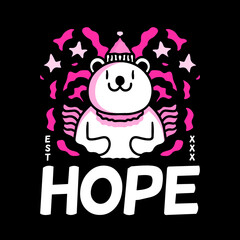 Cute polar bear character wearing Santa hat with hope typography. Hand drawn holiday illustration in cartoon, doodle style for New Year and Christmas