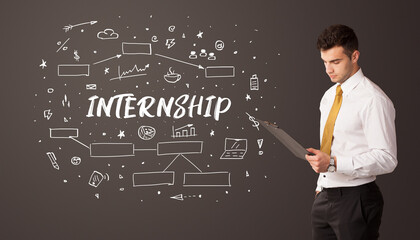 Businessman thinking with INTERNSHIP inscription, business education concept