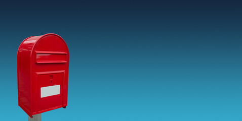 Banner with big red postbox with white empty note space for address at gradient blue sky background with copy space for text.